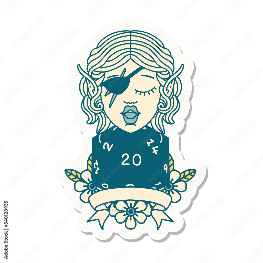 elf rogue character with natural twenty dice roll sticker elf rogue character with natural twenty dice roll sticker