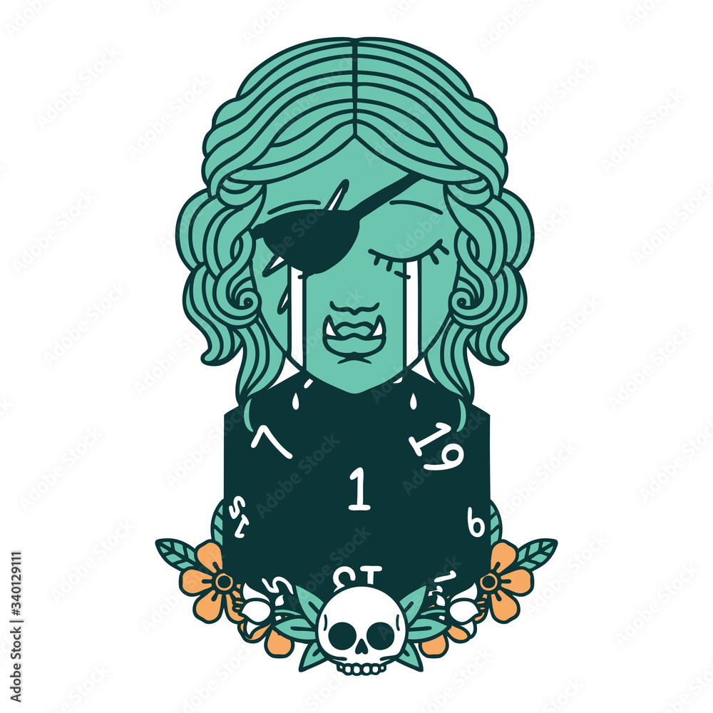 crying half orc rogue character with natural one D20 roll illustration crying half orc rogue character with natural one D20 roll illustration