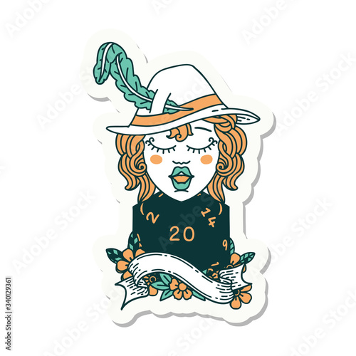 human bard with natural 20 dice roll sticker