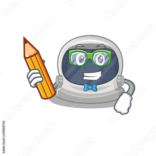 A brainy student astronaut helmet cartoon character with pencil and glasses