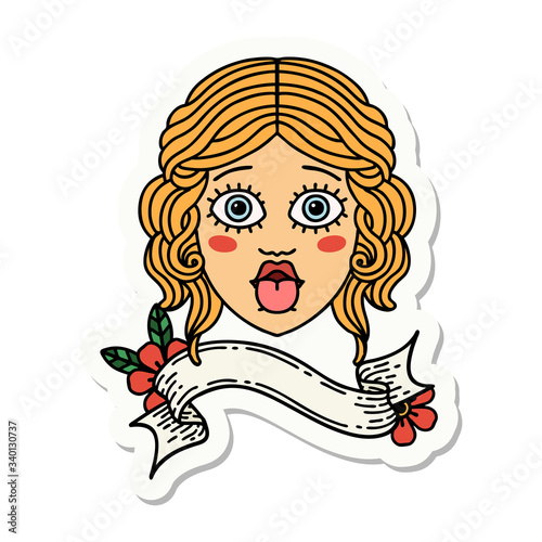 tattoo sticker with banner of female face sticking out tongue