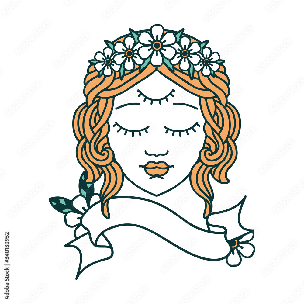 tattoo with banner of female face with third eye tattoo with banner of female face with third eye