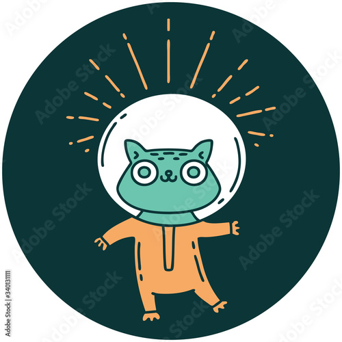 icon of tattoo style cat in astronaut suit