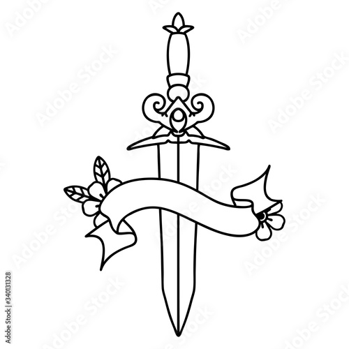 black linework tattoo with banner of dagger