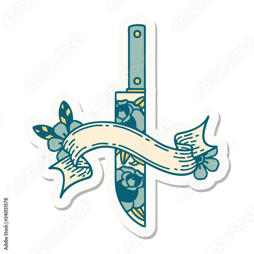 tattoo sticker with banner of a dagger and flowers