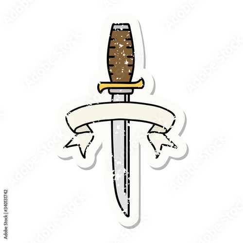 grunge sticker with banner of a dagger