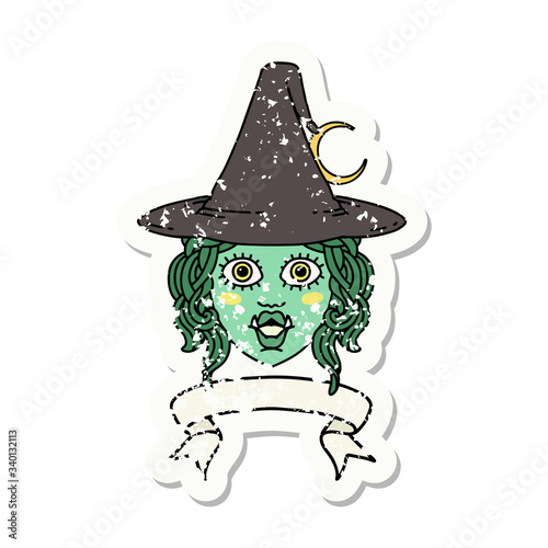 half orc witch character face with banner illustration