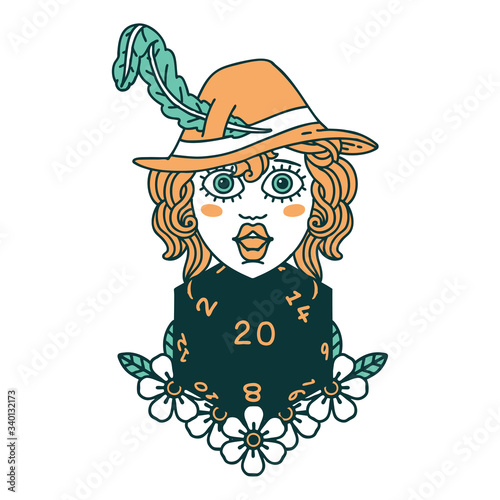 human bard with natural 20 dice roll illustration