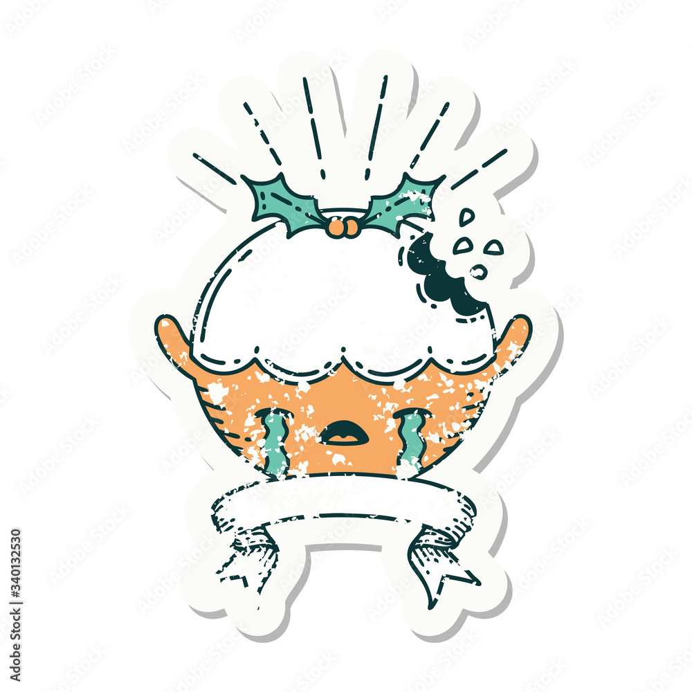 grunge sticker of tattoo style christmas pudding character crying grunge sticker of tattoo style christmas pudding character crying