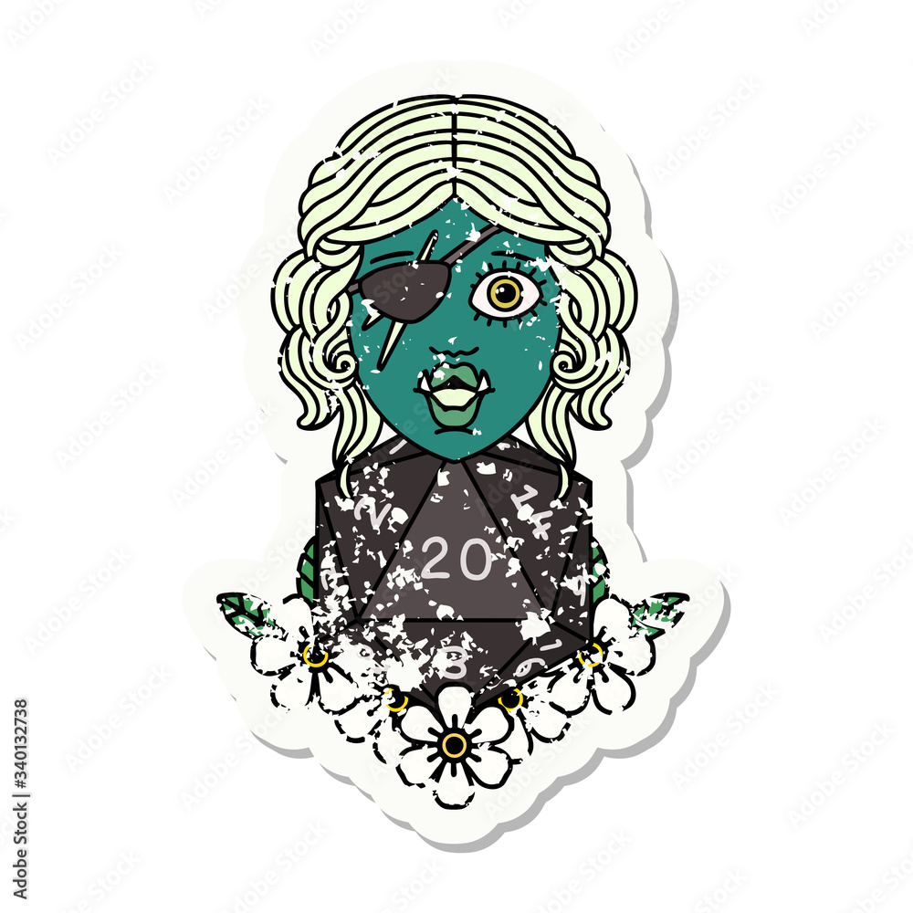 half orc rogue with natural twenty dice roll illustration