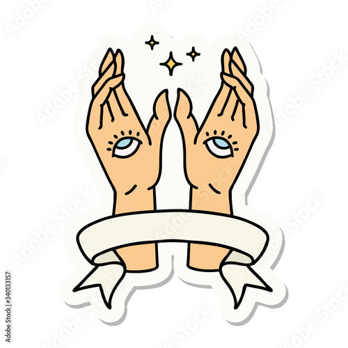 tattoo sticker with banner of mystic hands
