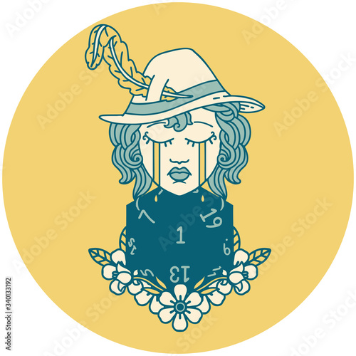 crying human bard with natural one D20 dice roll icon