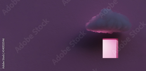 White fluffy cloud flying over the window, hole in the wall. Minimal outdoor exterior. On color background, modern design, abstract metaphor. 3d render photo
