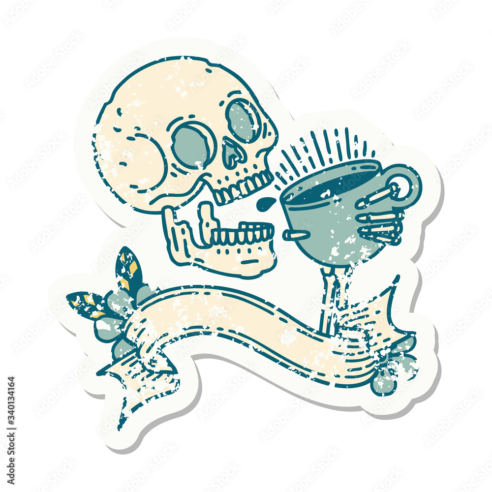grunge sticker with banner of a skull drinking coffee grunge sticker with banner of a skull drinking coffee