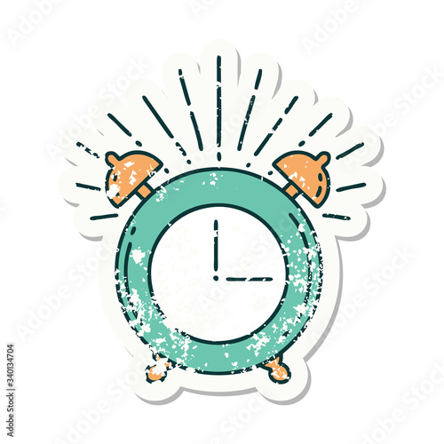 grunge sticker of tattoo style ringing alarm clock
