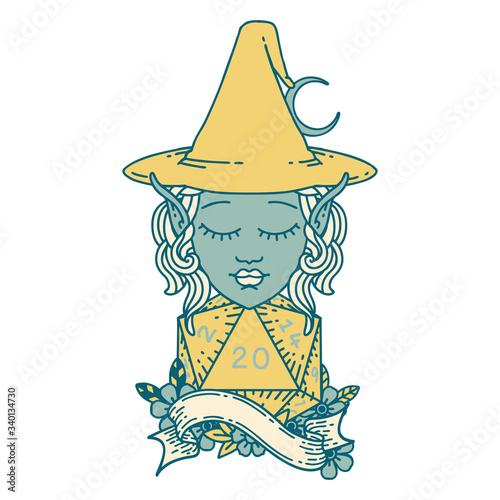 elf mage character with natural twenty dice roll illustration