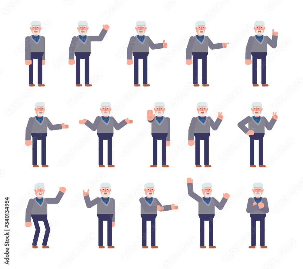 Old man showing various hand gestures set. Old man pointing, greeting, showing thumb up, victory sign and other gestures. Flat design vector illustration Old man showing various hand gestures set. Old man pointing, greeting, showing thumb up, victory sign and other gestures. Flat design vector illustration