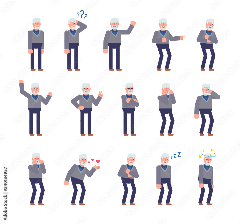 Old man showing various emotions set. Old man crying, laughing, tired, suprised and showing other expressions. Flat design vector illustration