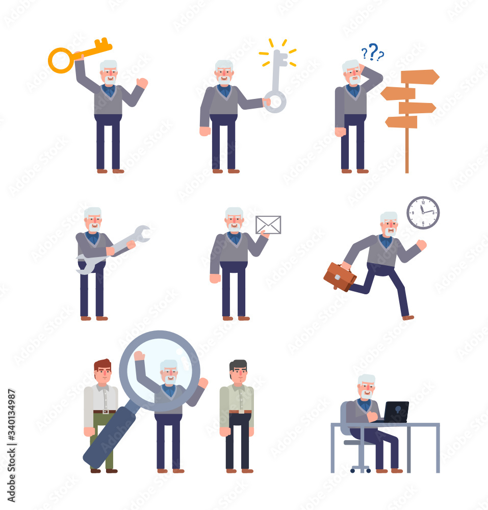 Old man showing various actions set. Old man holding big key, screwdriver, running, standing near crossroads sign. Flat design vector illustration Old man showing various actions set. Old man holding big key, screwdriver, running, standing near crossroads sign. Flat design vector illustration