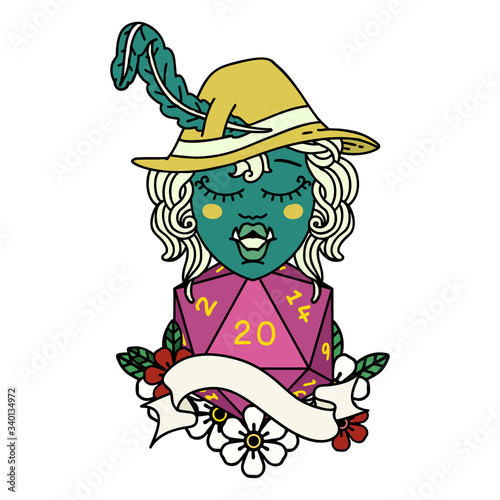 singing half orc bard character with natural twenty dice roll illustration