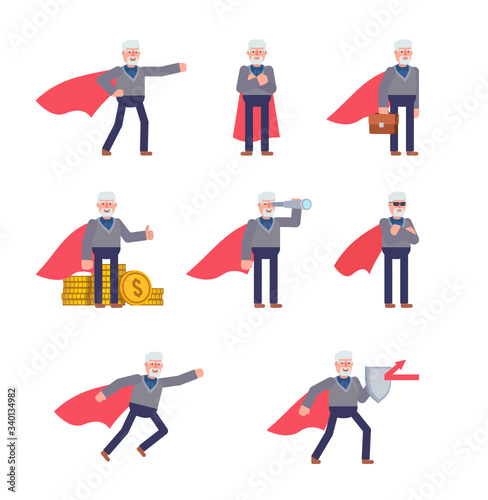 Old man in superhero cloak showing various actions set. Flat design vector illustration