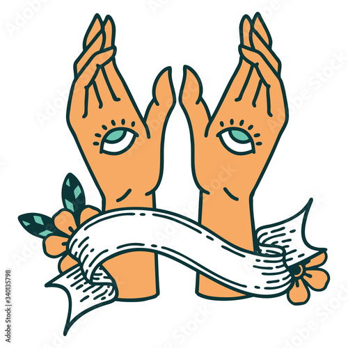 tattoo with banner of mystic hands