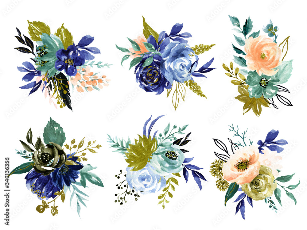 Watercolor illustration Botanical pink black blue indigo navy teal and gold black peony bunch foliage ranunculus wild flower  bouquet collection blossom leaves