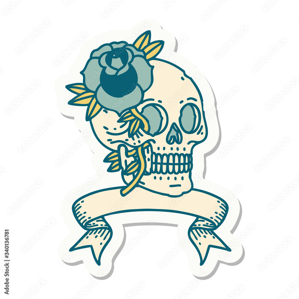 tattoo sticker with banner of a skull and rose tattoo sticker with banner of a skull and rose