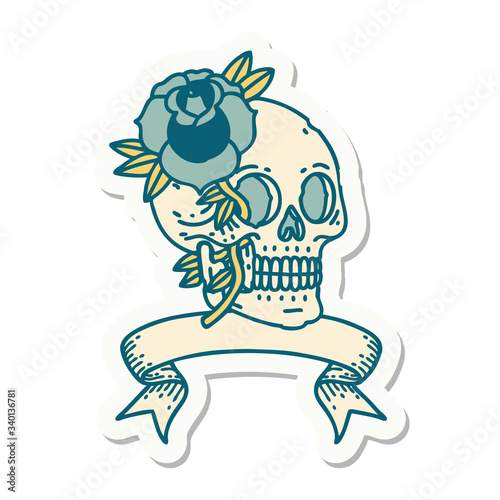 tattoo sticker with banner of a skull and rose