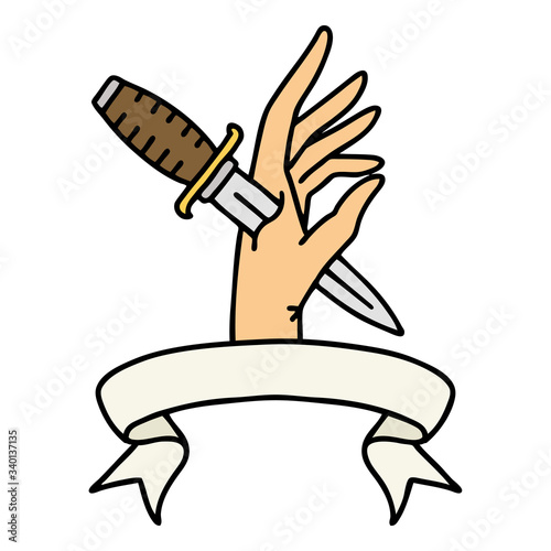tattoo with banner of a dagger in the hand