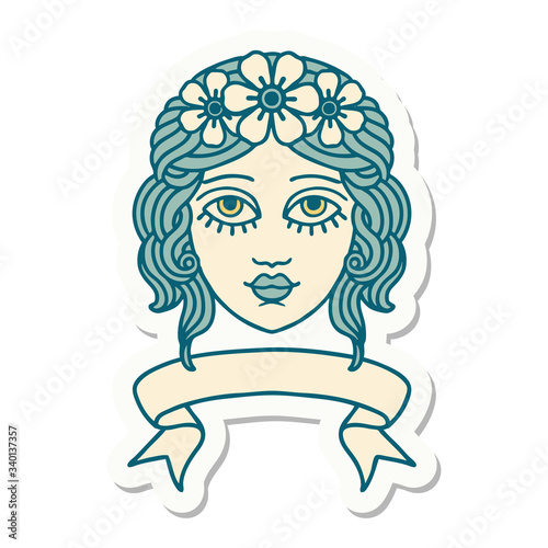tattoo sticker with banner of female face with crown of flowers