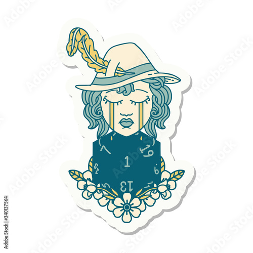 crying human bard with natural one D20 dice roll sticker