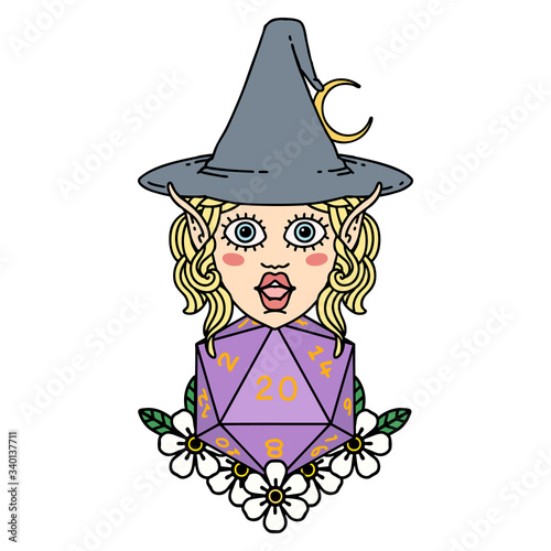 elf mage character with natural twenty dice roll illustration