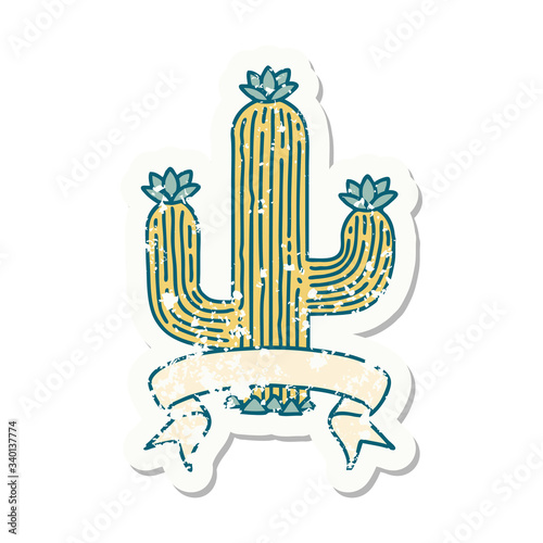 grunge sticker with banner of a cactus