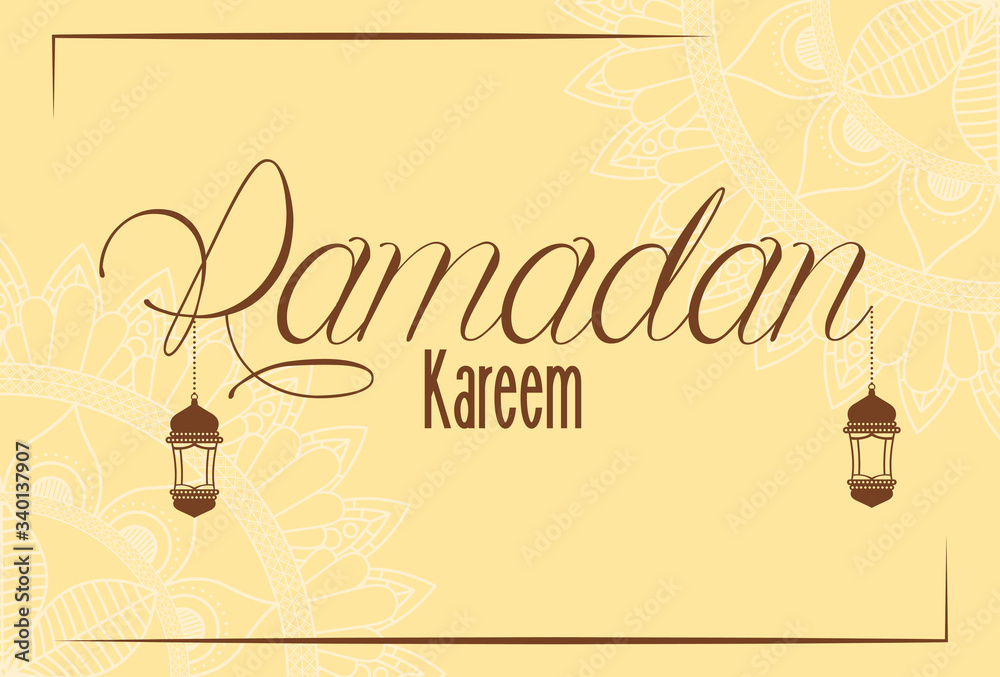 Ramadan kareem card with lanterns hanging