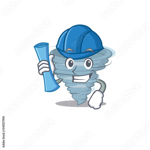 Cartoon character of tornado brainy Architect with blue prints and blue helmet © kongvector