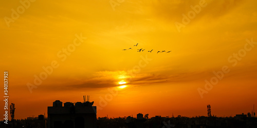 sunset in the town