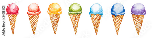 Ice cream set of seven rainbow colors. Hand drawn watercolor illustration isolated on a white background.