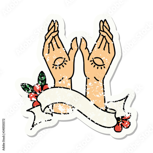 grunge sticker with banner of mystic hands
