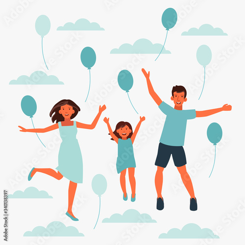 Happy family jumping on white background. Father, mother and daughter
