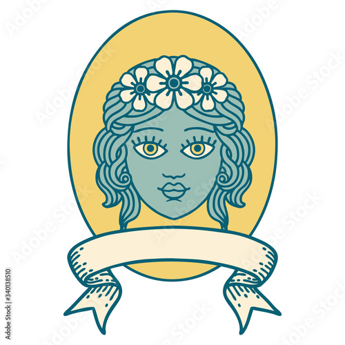 tattoo with banner of a maiden with crown of flowers