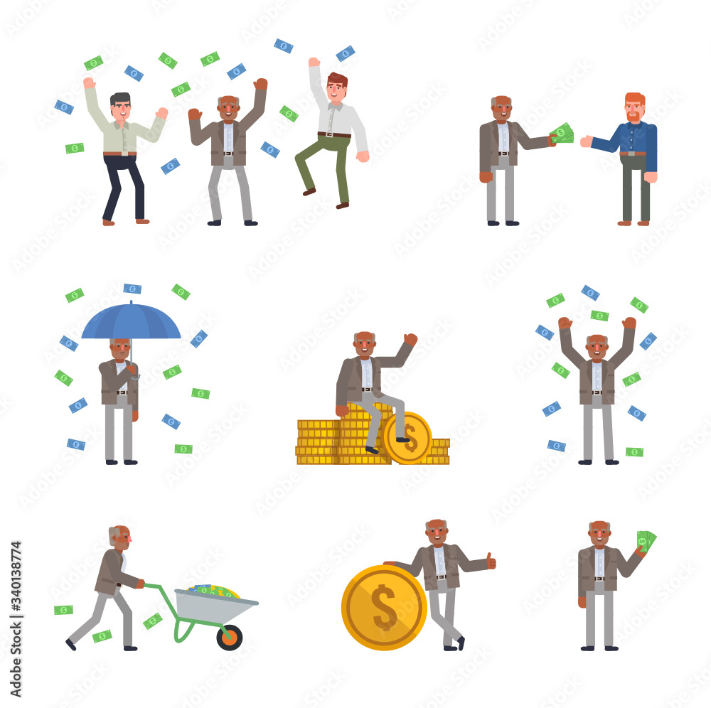 Set of business people posing with money, cash. Flat design vector illustration