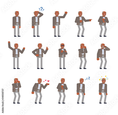 Black or indian old man showing various emotions set. Old man crying, laughing, tired, suprised and showing other expressions. Flat design vector illustration