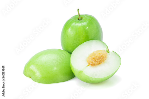 Jujubes, Monkey apple fruit with green leaf isolated on a white background. Closeup