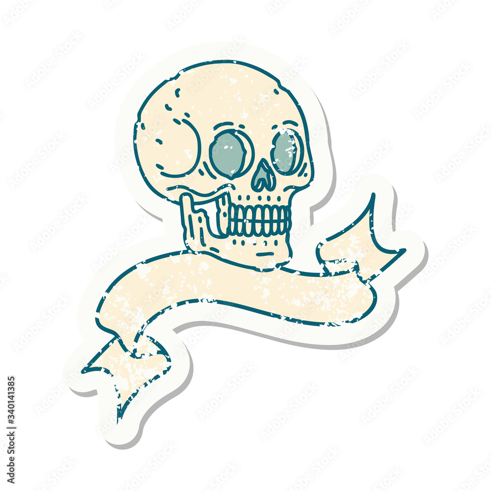 grunge sticker with banner of a skull