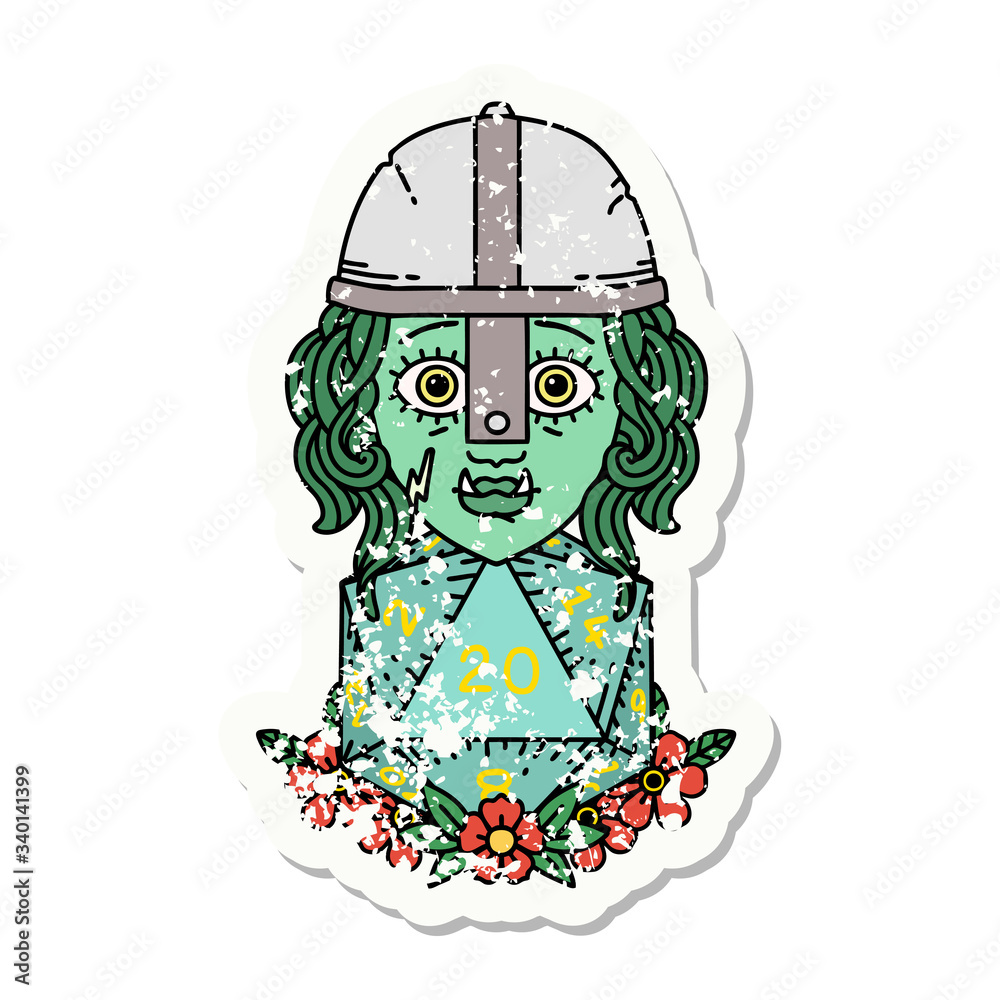 half orc fighter character with natural twenty dice roll grunge sticker half orc fighter character with natural twenty dice roll grunge sticker