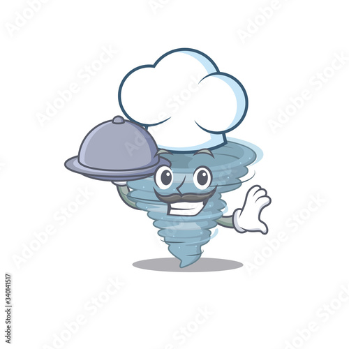 Tornado chef cartoon character serving food on tray © kongvector