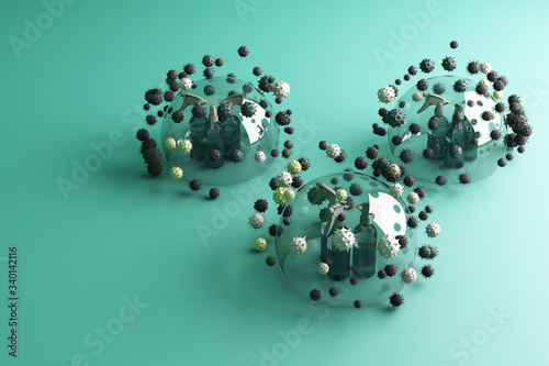 MERS-Cov, COVID-19, Novel coronavirus, 2019-nCoV, virus being killed by spray, disinfectant solution, bottle spray surrounding by a lot of colorful virus in green background 3d rendering