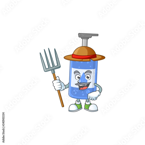 Mascot design style of Farmer handsanitizer with hat and pitchfork