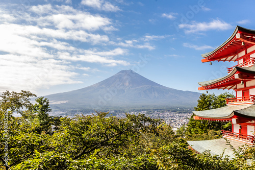 Mountain Fuji and Chureito red pagoda  Yamanashi  Japan